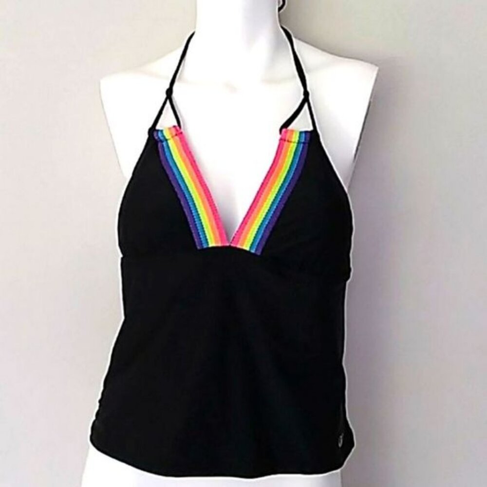 OP Black Tankini W/ Rainbow Crocheted Detail.